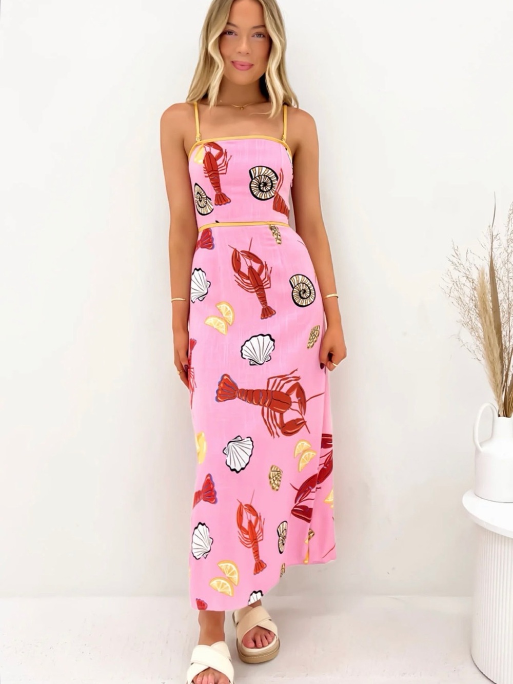 NWT Label of Love Pink Lobster & Lemon Print Midi Maxi Dress size Small